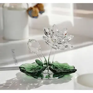 Elegant Crystal Lotus Flower Ornament Modern Home Decor Accent 10.5cm x 9.5cm Faceted Crystal with Glossy Green Glass Leaves for Desk Bookshelf Coffee Table or Vanity