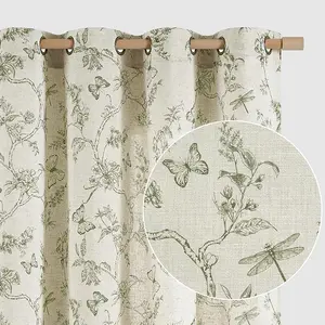 Green Floral Linen Farmhouse Curtains 108 Inch Length Drapes for Living Room Bedroom Pattern Light Filtering Country Vintage Curtain Grommet Top, 2 Panels, Green on Beige