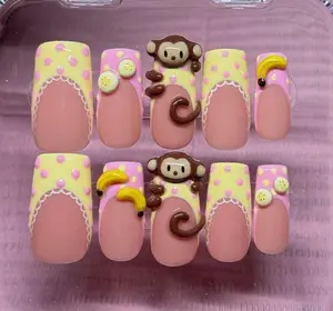 3D Monkey Banana Charms Press On Nails, Kawaii Polka Dot Nail Art