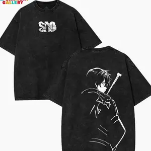 Retro Limited Kirito SAO Sword Art Online Anime Double-Sided Printed Vintage Oversized Washed Graphic T-Shirt, Casual Y2K Oversize Anime Manga Acid Wash Graphic Tee, Unisex Cotton Streetwear Otaku Top Fit, Gift For Fan Anime Lover Y4T XVJ