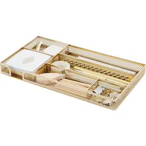 Annova Desk Drawer Organizer Tray for Office Organization - Metal Mesh - Storage Tray with Dividers for Pens, Desktop Accessories, Bathroom, Kitchen, Makeup and Office Supplies (Small, Gold)