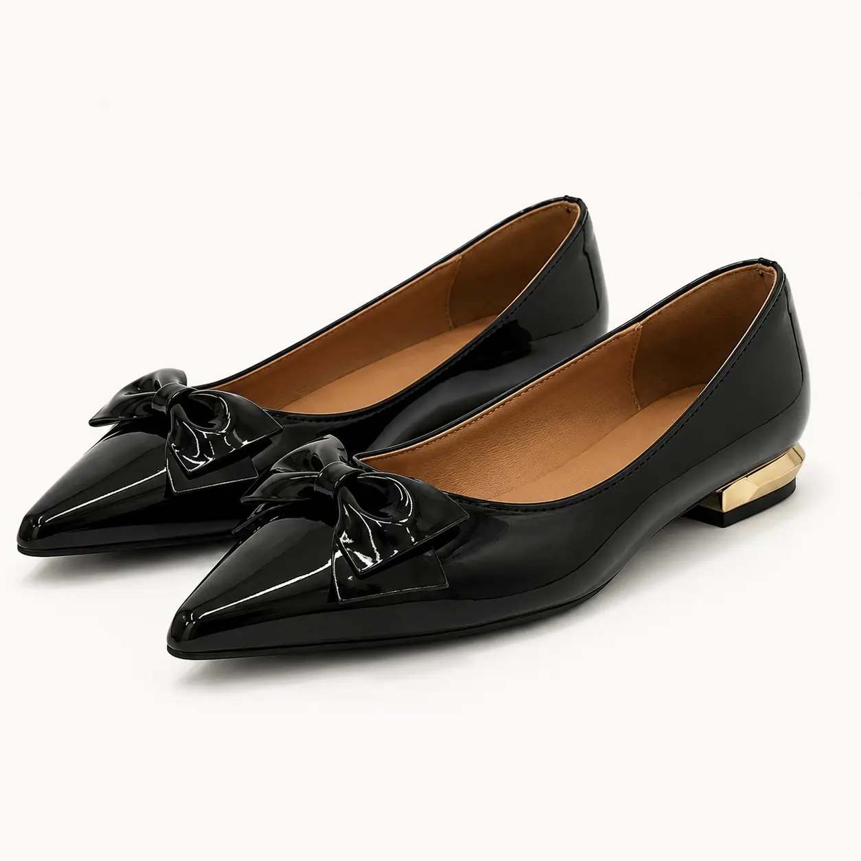 GeeYea women’s Black Bow Low Heel Flats, Pointed Toe Slip-On Dress Flats with Glossy PU Upper, PU Lining & PVC Sole, Elegant Office, Date Night & Spring Summer Shoes