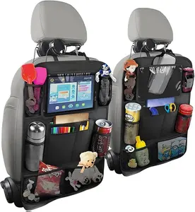 2PCS Car Seat Back Organizer, Waterproof Vehicle Storage Bag with Touch Screen Tablet Holder & 9 Pockets, Auto Kick Mats Back Seat Protector for Kids, Universal Travel Accessories (Black/Small)