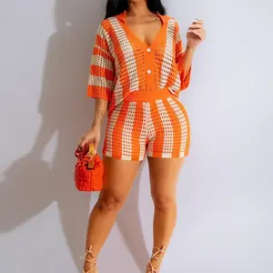 Two-piece Set Women's Hollow Out Button Front Top & High Waist Shorts Set, Summer Clothes, Crochet Clothing Sets, Casual Colorblock Striped Print Short Sleeve Collared Top & Shorts Womenswear Elegance