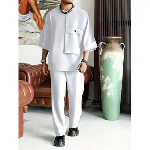 African Traditional Dashiki Set for Men, Solid Color with Pocket Design, Fashionable Short Sleeve + Pants, Essential for Summer Outings and Photoshoots, Wedding/Birthday/Party Celebration Outfit, Trendy Set, Ideal Gift for Family or Friends