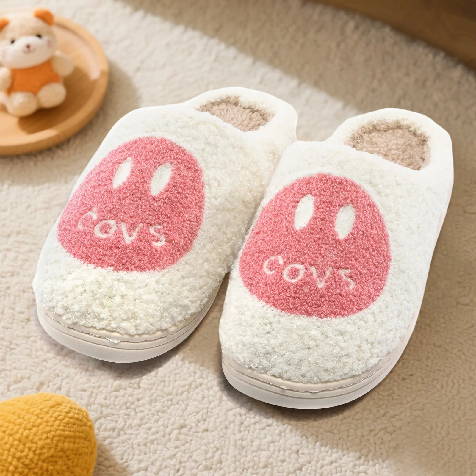 Lumubby Unisex Smiley Face Slip-On Indoor Slippers - Cozy Fluffy Cotton Fabric Ankle Booties with Memory Foam, Flexible Slide Shoe for Home Use