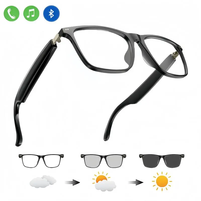 Smart Bluetooth glasses with auto-tinting lenses, polarized, blue light blocking, open earphones and hands-free calling Sold by U-miy Android Button Wearable Devices Black smart glasses, Smart Audio Glasses, Wireless Smart Glasses, Photochromic Smart Glas