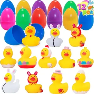 12 Pcs Filled Easter Eggs with Rubber Duck, Eggs Hunt, Basket Stuffers Filler for Kids Party Favor, Classroom Prize Supplies, Bath Toys