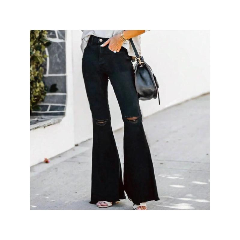 Women's Black Raw Hem Fringe Flare Jeans - Wide-Leg Distressed Bell-Bottom Denim Pants with Button Closure, Boho-Chic Fringe Hem & All-Season Wear for Casual & Formal Outfits (Machine Washable) - Boho Western Style