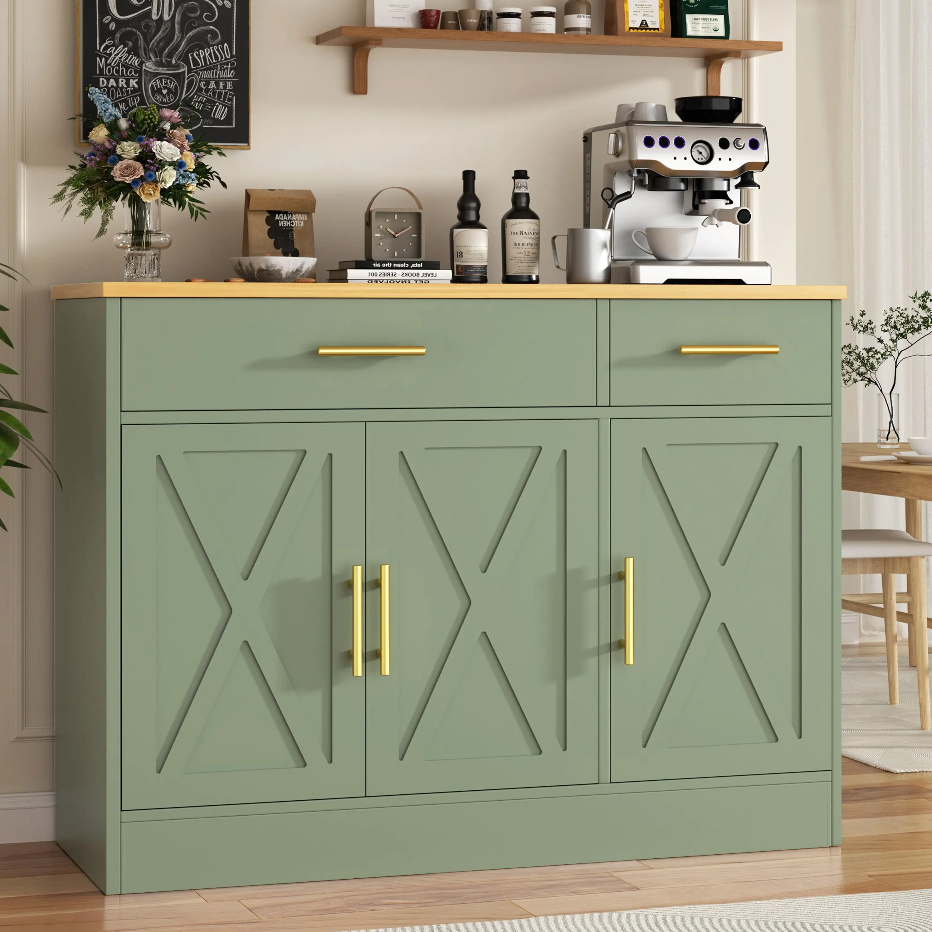 Walsunny Green Farmhouse Sideboard Buffet Cabinet with Storage with 3 Doors & 2 Drawers, Barn Doors Entryway Buffet Cabinet with Storage, Adjustable Metal Kitchen Cabinet,Green