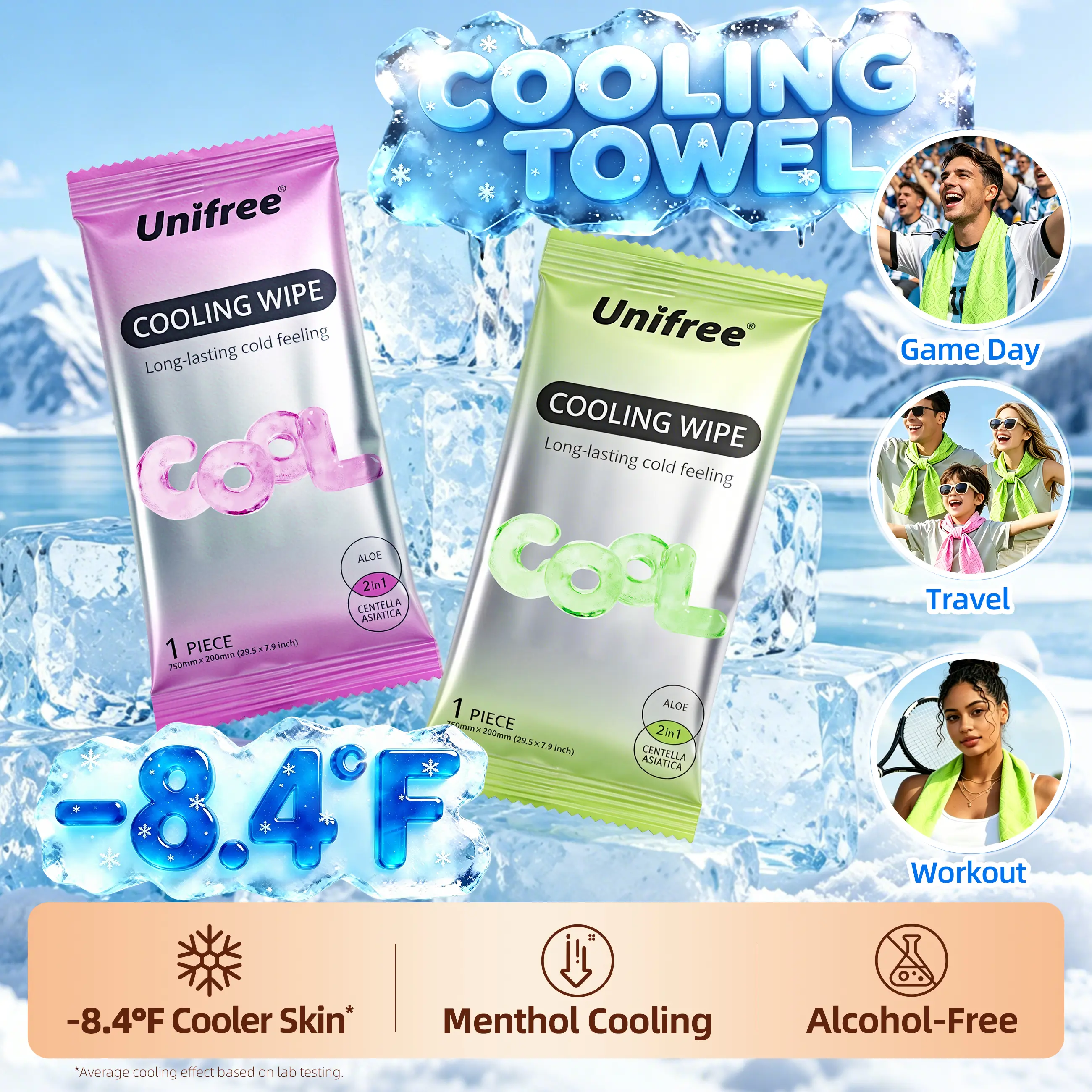Unifree Cooling Towels & XL Menthol Cooling Wipes, Instant & Long Lasting Cooling Relief for Hot Weather & Summer Heat, Outdoor, Long Drives, Game day & Beach, summerwins