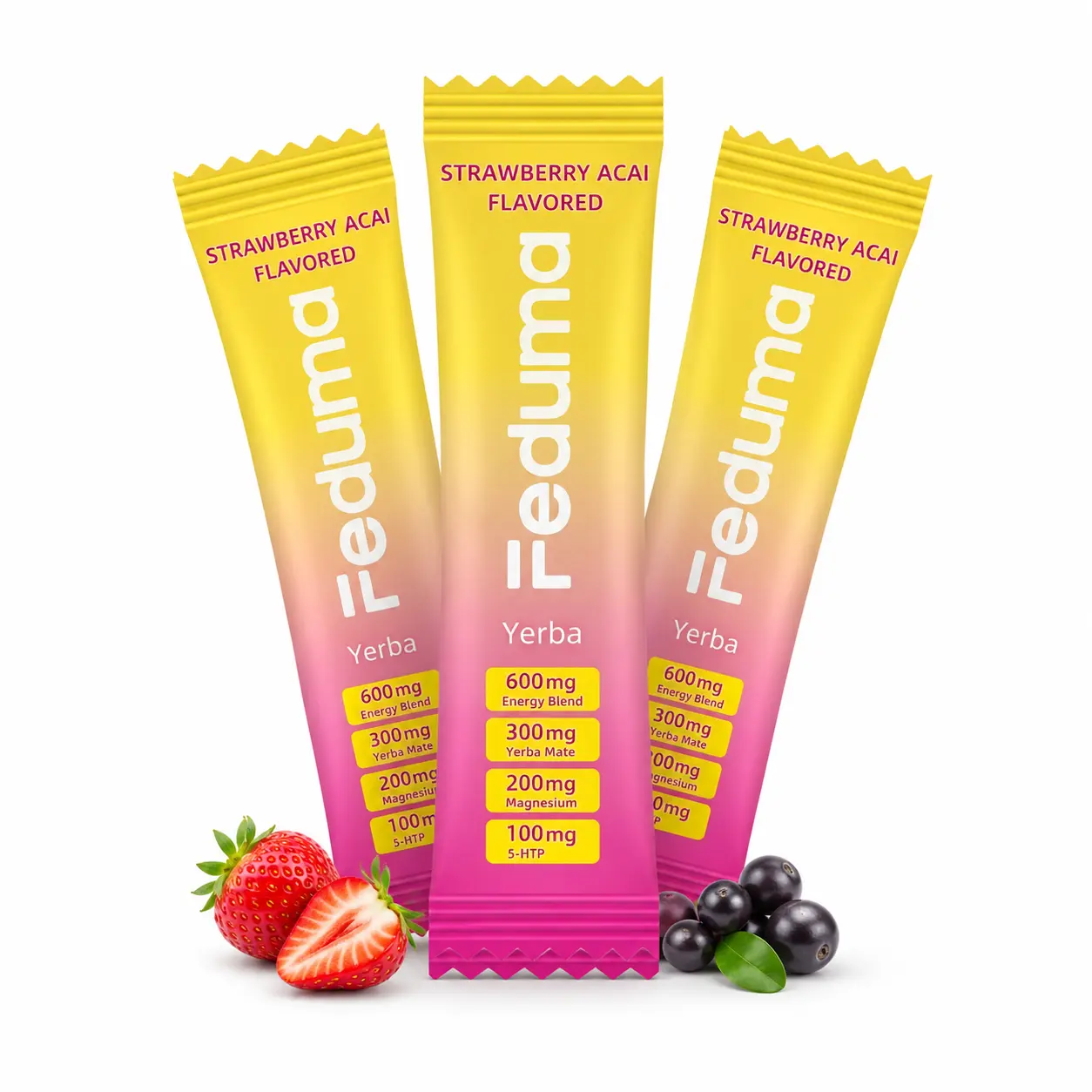 Feduma Happy Cleaner Drink Mix  - 30 Servings Superfood Powder Stick, Berberine, Chromium, 5-HTP, Yerba Mate & Magnesium , Strawberry Acai Flavor