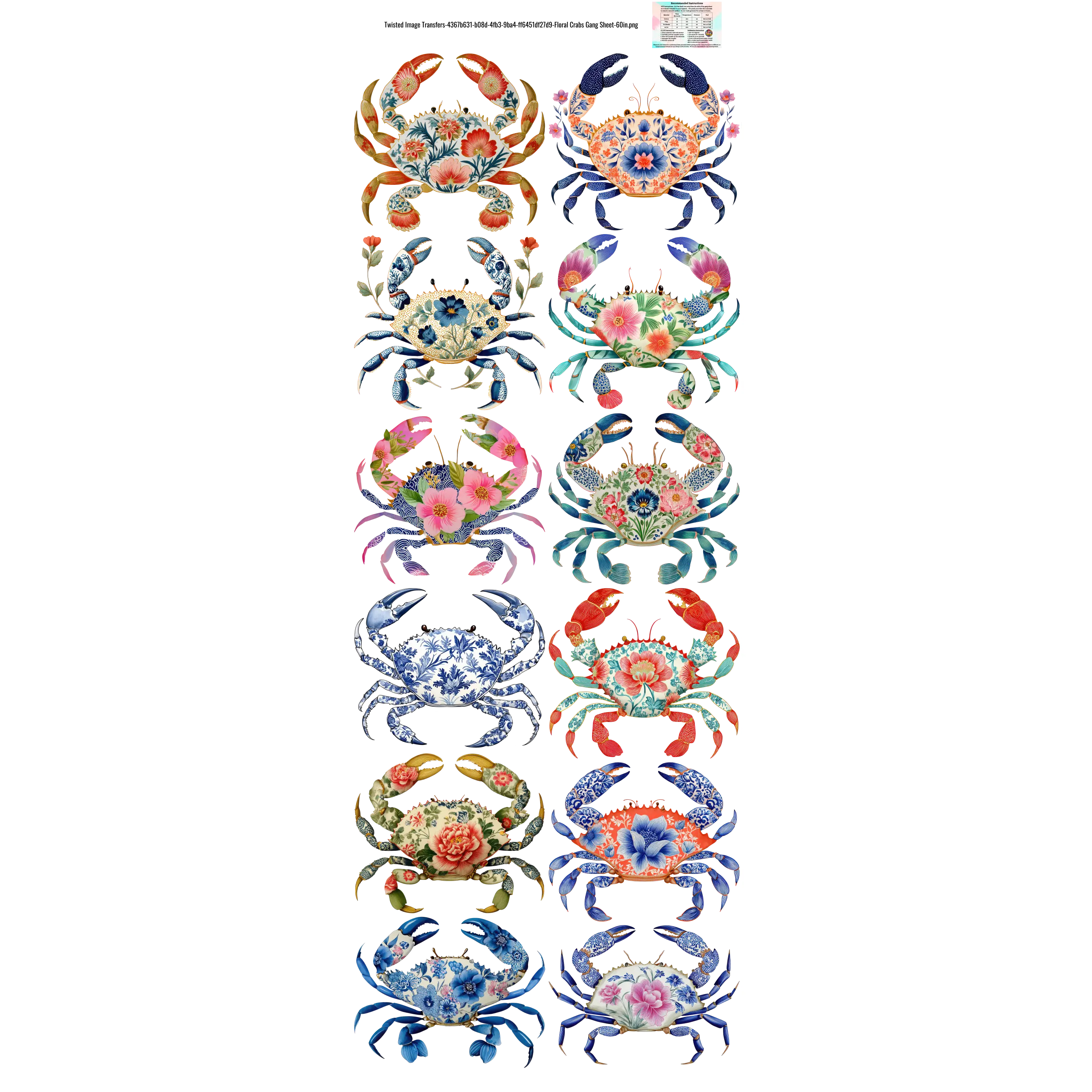 Floral Crabs 60x22" DTF Ready to Ship Gang Sheet