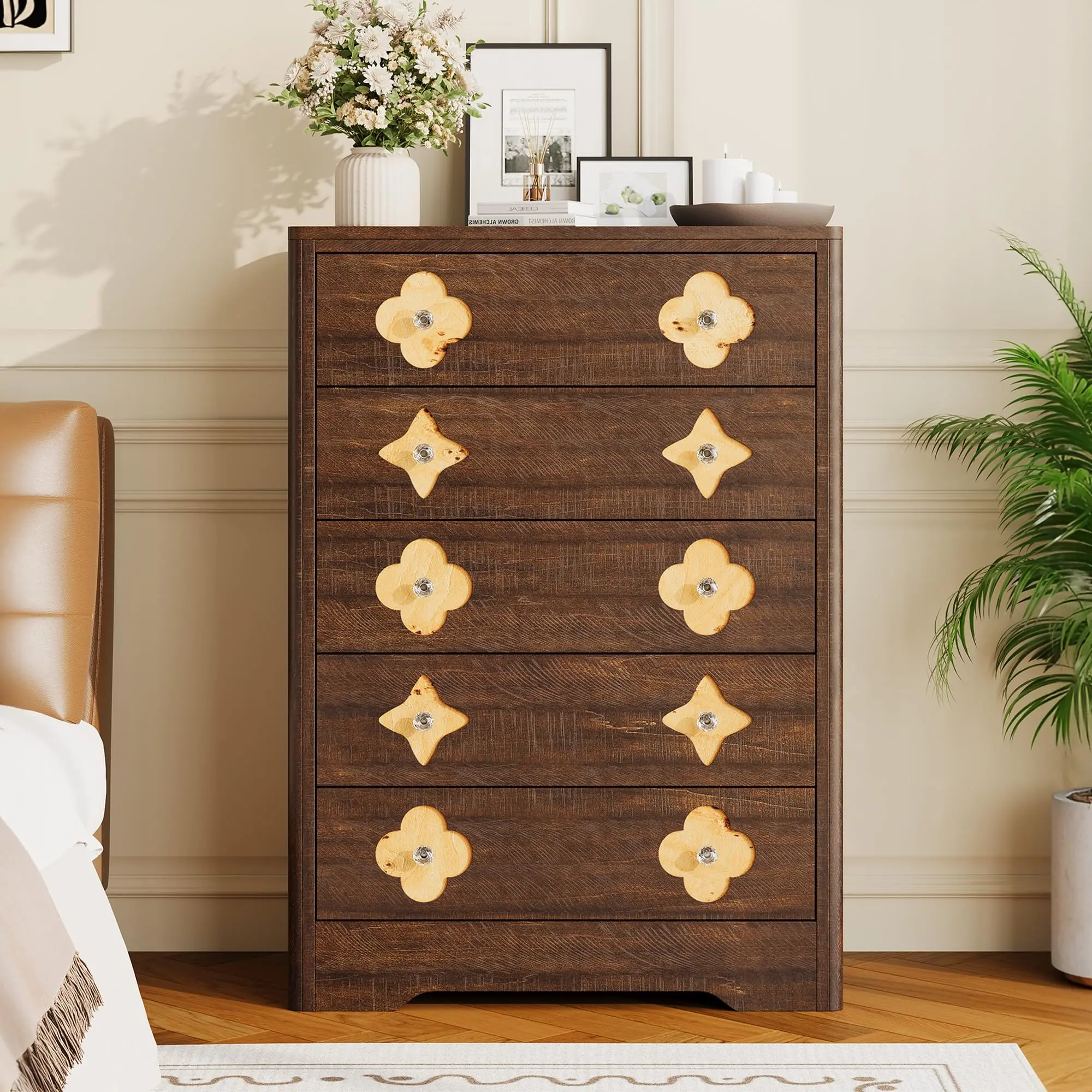 5 Drawer Brown Tall Dresser for Bedroom, 45'' Boho Chest of Drawers, Wooden Chest with Clothes Storage Cabinet, Decorative Drawer Front Organizer for Bedroom, Living Room, Hallway