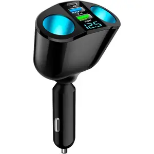 Car Cigarette Lighter Splitter, 2-Socket Cigarette Lighter Adapter with LED Voltmeter, Dual USB QC3.0 Type-C 20W PD Fast Car Charger, 12V/24V Car Splitter Adapter for Smart Phone GPS Dash Cam