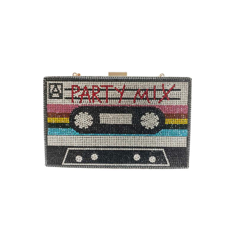 Women Cassette Tape Shape Rainbow Party Crossbody Bag Rhinestone Metal Vintage Evening Clutch Purses
