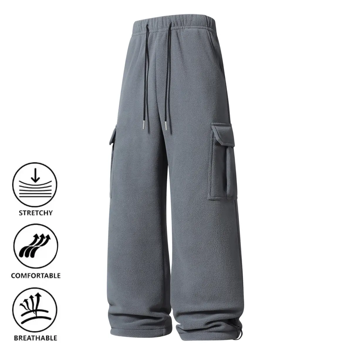 Men’s winter long pants, solid-color athletic pants with fleece lining and drawstring design, casual warm sports trousers suitable for outdoor activities in autumn and winter.