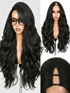 26 Inch Yaki Body Wave V Part Wig Glueless U Part Synthetic Half Wig Natural Black Flip Curls Soft Yaki Texture Curly Half Wigs Easy Install Breathable Comfortable Daily Party Holiday Styling Wigs For Black Women