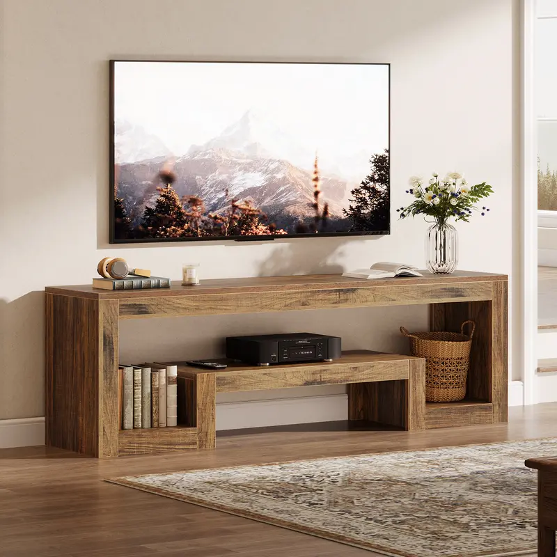 LITTLE TREE 63-Inch TV Stand for 55/60/65/75-Inch TVs, Farmhouse Entertainment Center with Open Storage Shelves, Rustic Brown Television Console for Living Room, Bedroom