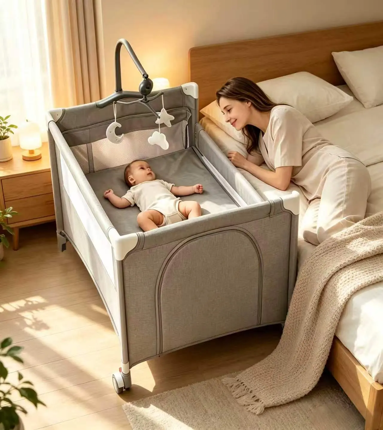 Foldable Straw Multifunctional Portable Side Sleeper Baby Crib - Foldable Bedside Bassinet with Breathable Mesh, Lockable Wheels, Rocking Function, Moon Star Toy Mobile, Storage Bag, Travel Infant Playpen for Newborns soft mattress