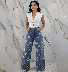 Blossom - High Waist Loose Mopping Women's Jeans Hollow Floor-Length Trousers with Floral Embroidery