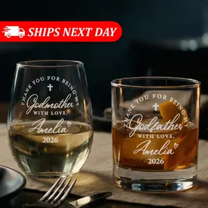 Personalized Godparent Gift Set - Custom Engraved Godmother Wine & Godfather Whiskey Glass - Baptism Proposal & Thank You Keepsake