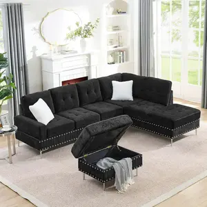 L-Shaped Sectional Sofa with Ottoman:5 Seat Chenille Upholstered Sofa Couches with Reversible Chaise, Storage Ottoman, Metal Legs, Copper Nails,Home Theater Seating for Small Spaces& Gaming Rooms（Black）