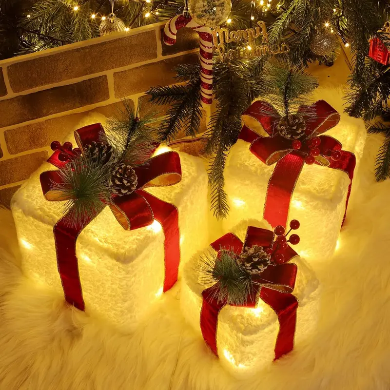 Lighted Gift Boxes Set of 3 (Multi-Size 6.1"x6.1"x5.9" Metal), 60-LED Plug-in Christmas Decor for Home with Plush Pine Cones, Silk Ornaments, Bows, 8 Modes - Gifts for Apartment Christmas Decor