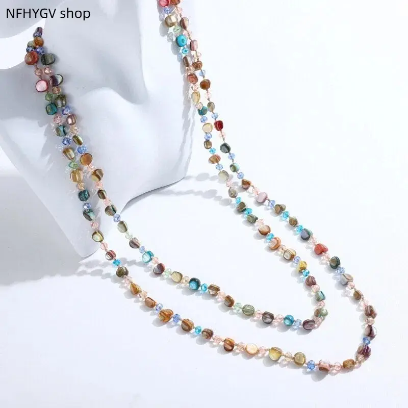 Sweater Chain, Women's Bohemian Beaded Necklace, Natural Shell and Crystal Beads, Colorful Design, Versatile Fashion Jewelry for Ladies