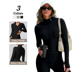 Women's Soft Brushed Athleisure Sporty Sports Outerwear - Elastic Waist, Zipper Closure, Slim Body-Shaping Casual Jacket