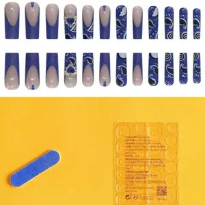 Blue Bandanna False Nails - Unique Design with Blue Accents and Patterns for Stylish Look