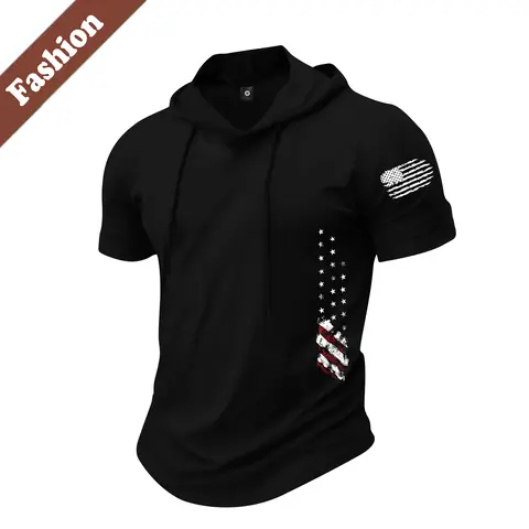 Men's Activewear T-Shirt - Short-Sleeve Hooded Collared Neck, Standout Graphic Flag Print, Breathable Lightweight Pullover, Casual Male Outdoors Sportswear, Machine Washable Streetwear Top