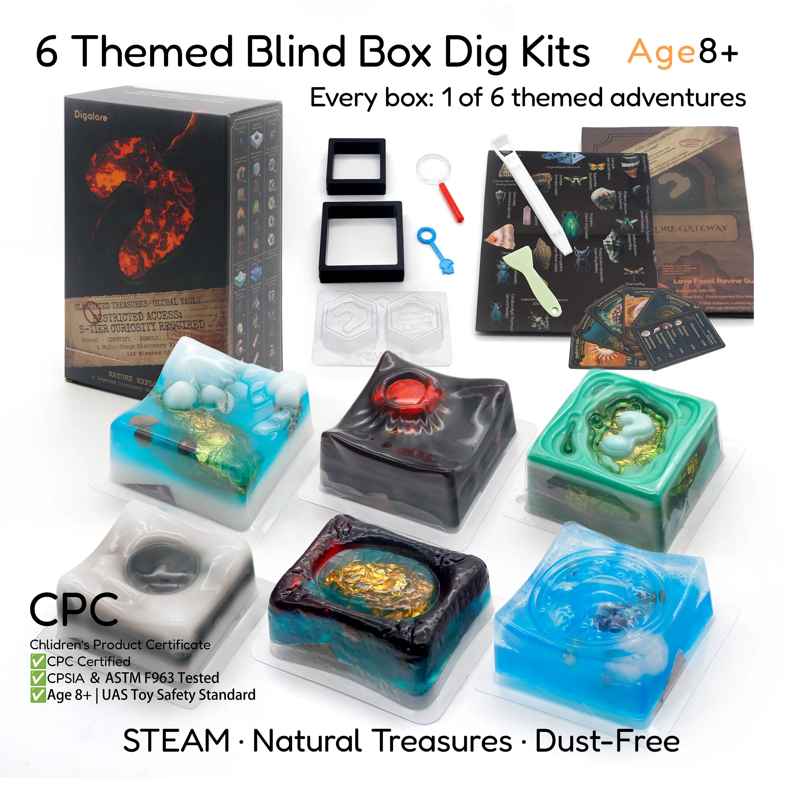 Digalore NaturoQuest Dig Slow-Box Blind Box - Random 1 of 6 Dust-Free STEM Excavation Kit, DIY Soap Reuse Toy with Butterfly Decoration, Gift Pack Set for Kids' Birthday Party Gift Packs