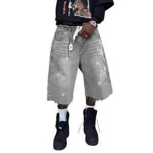 Vintage Distressed Rhinestone Embroidered Casual Jeans, Seven-Quarter Jeans, Letter Embroidery, American Street Style, All Seasons