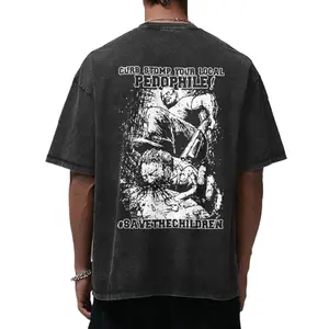 [Vintage Wash]230g Pure Cotton  "CURB STOMP YOUR LOCAL PEDOPHILE" Oversized Drop Shoulder T-shirt with Washed, Acid Wash, Retro Street, Loose Hip-hop,100% Cotton Fabric,fashion round neck,short sleeve shirt ,T-Shirt for Men.
