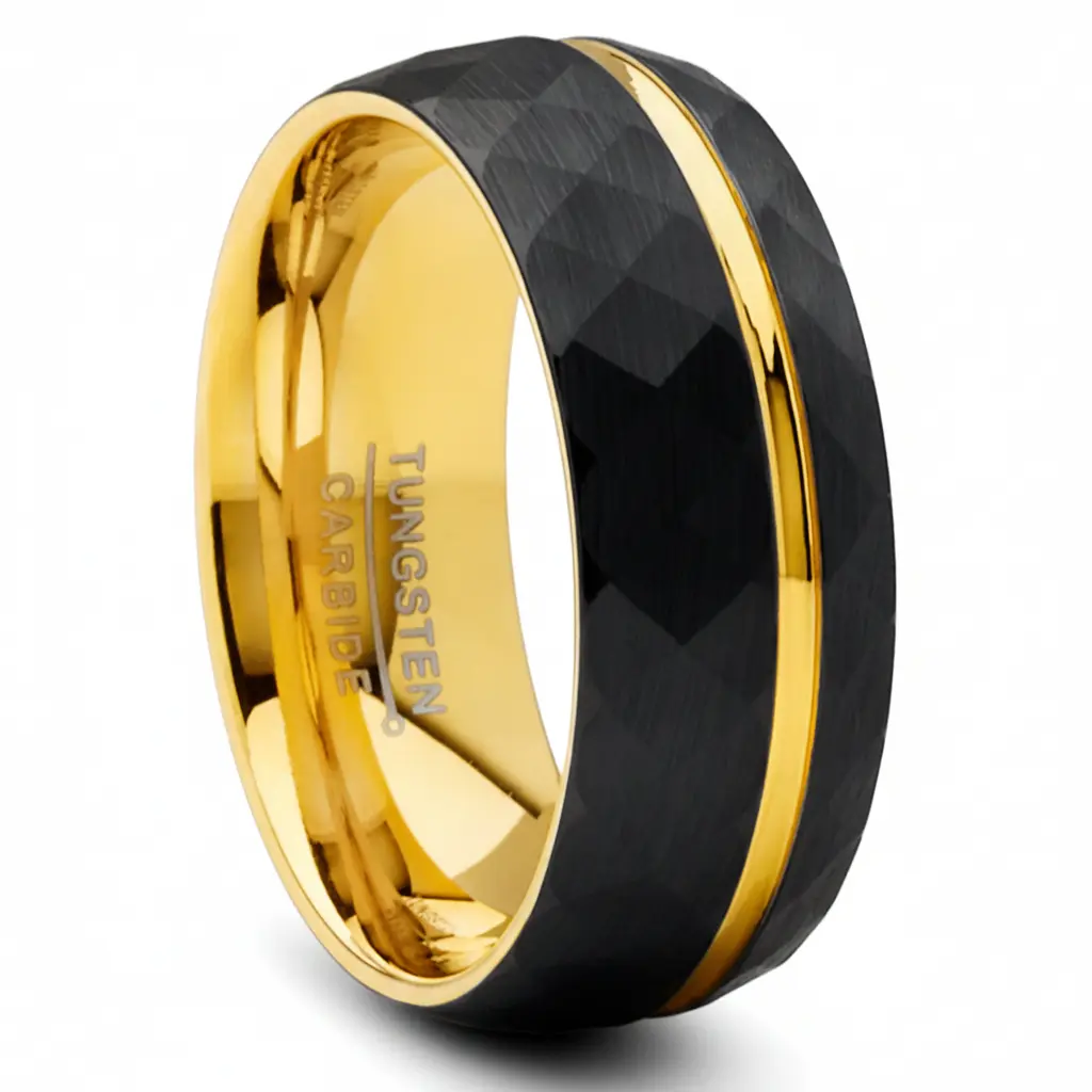 Men's Tungsten Carbide Ring Dome Hammered Black Goldtone Wedding Band 8MM