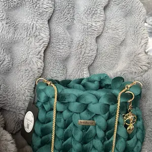 Handmade Teal Velvet Braided Handbag with Gold Chain Strap and Charm