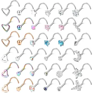 YADOCA 20G Nose Stud Ring 316L Stainless Steel Nose Piercing CZ Diamond Heart L Shaped/Screw Silver Nose Studs for Women 36PCS Nostril Piercing Jewellery Nose Studs