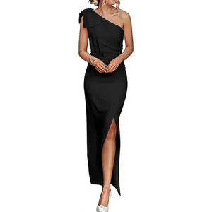 PrettyGardene Women's Summer One Shoulder Long Formal Dresses Sleeveless Ruched Bodycon Wedding Guest Slit Maxi Dress