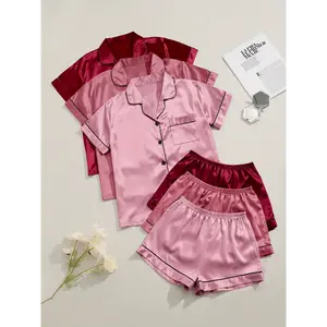 3 sets 3-Piece Satin Pajama Set for Women: Short Sleeve Lapel Top & Elastic Waistband Shorts Loungewear Nightwear Casual Fabric