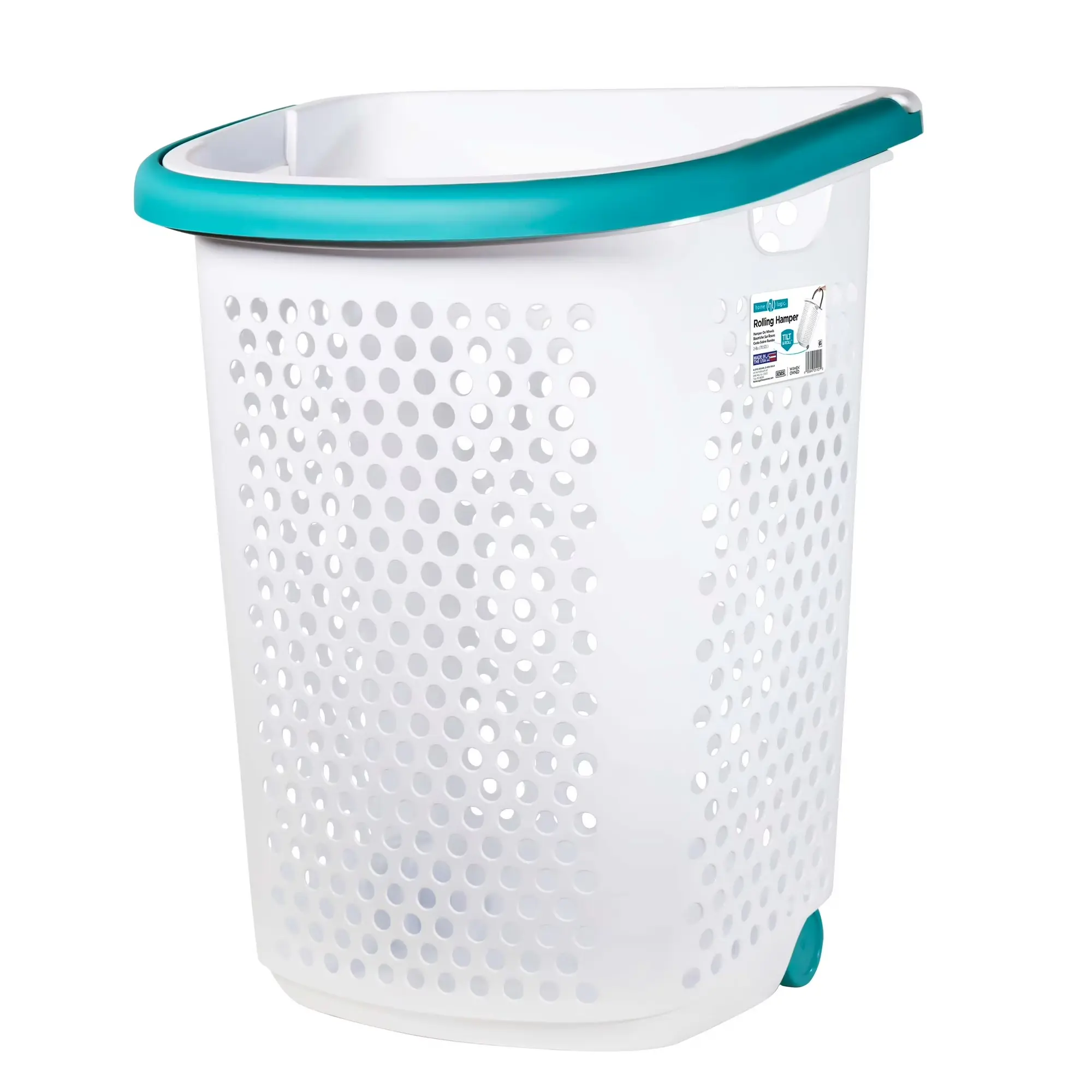 2-Bushel Rolling Laundry Hamper with Wheels, Pop-Up Handle, Plastic Clothes Basket, White