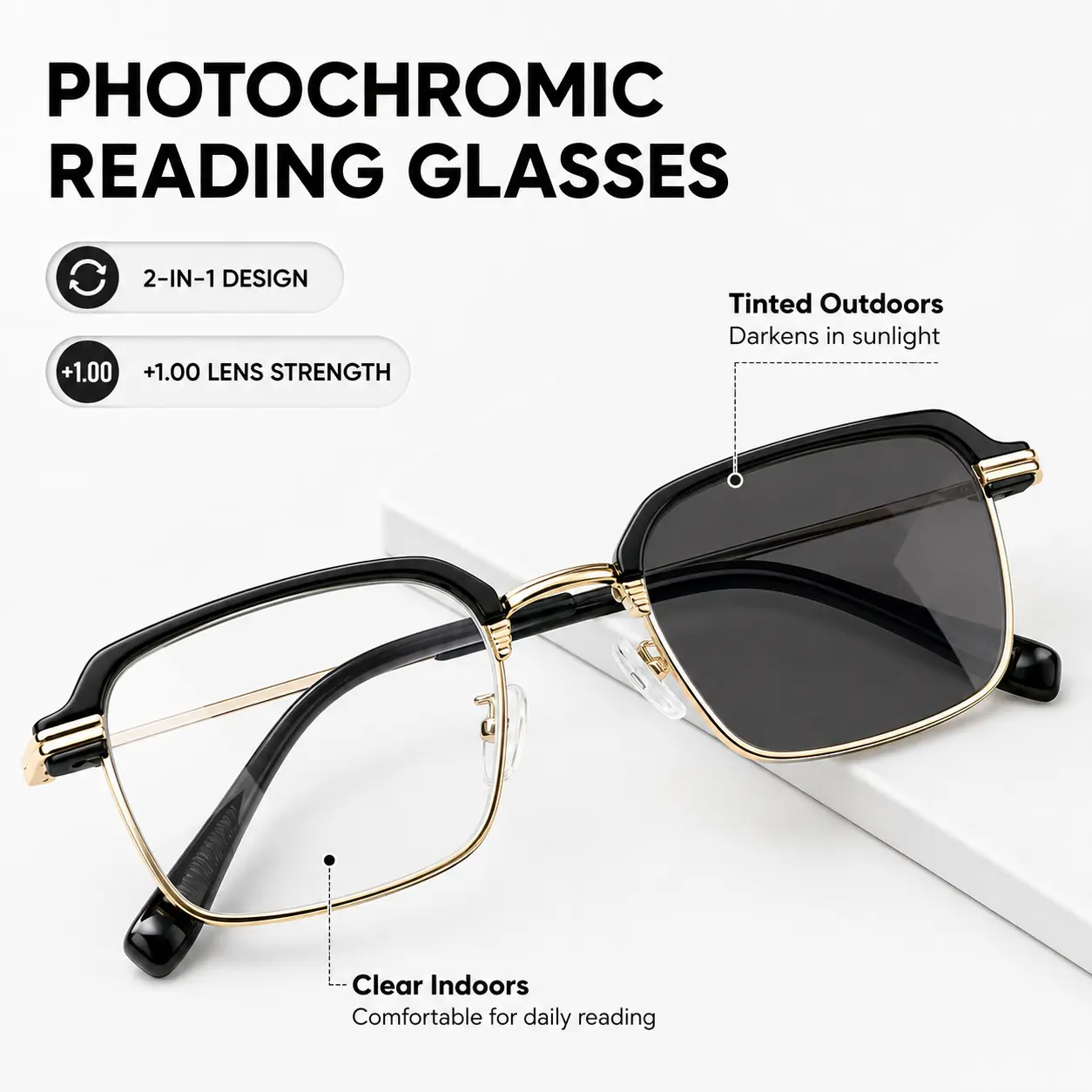 Black Gold Photochromic Auto-Tinting Eyeglasses (+1.00), Anti-Blue Light UV Sun Protection Adult Readers, Lightweight Everyday Wear for 40-45 Age Group, Work/Travel Use with Buckle Case & Cleaning Cloth, Outdoor Sunshade, Blue Light Block, Uv Protection
