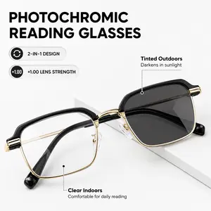 Black Gold Photochromic Reading Glasses +1.00 for Men Women, Anti Blue Light UV Protection Readers with Buckle Case and Cleaning Cloth, Lightweight Eyewear for Work Travel Daily Wear, SummerVibes