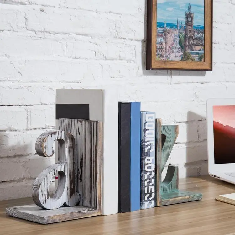 Shabby Chic Vintage White & Blue Wood Alphabet Bookends