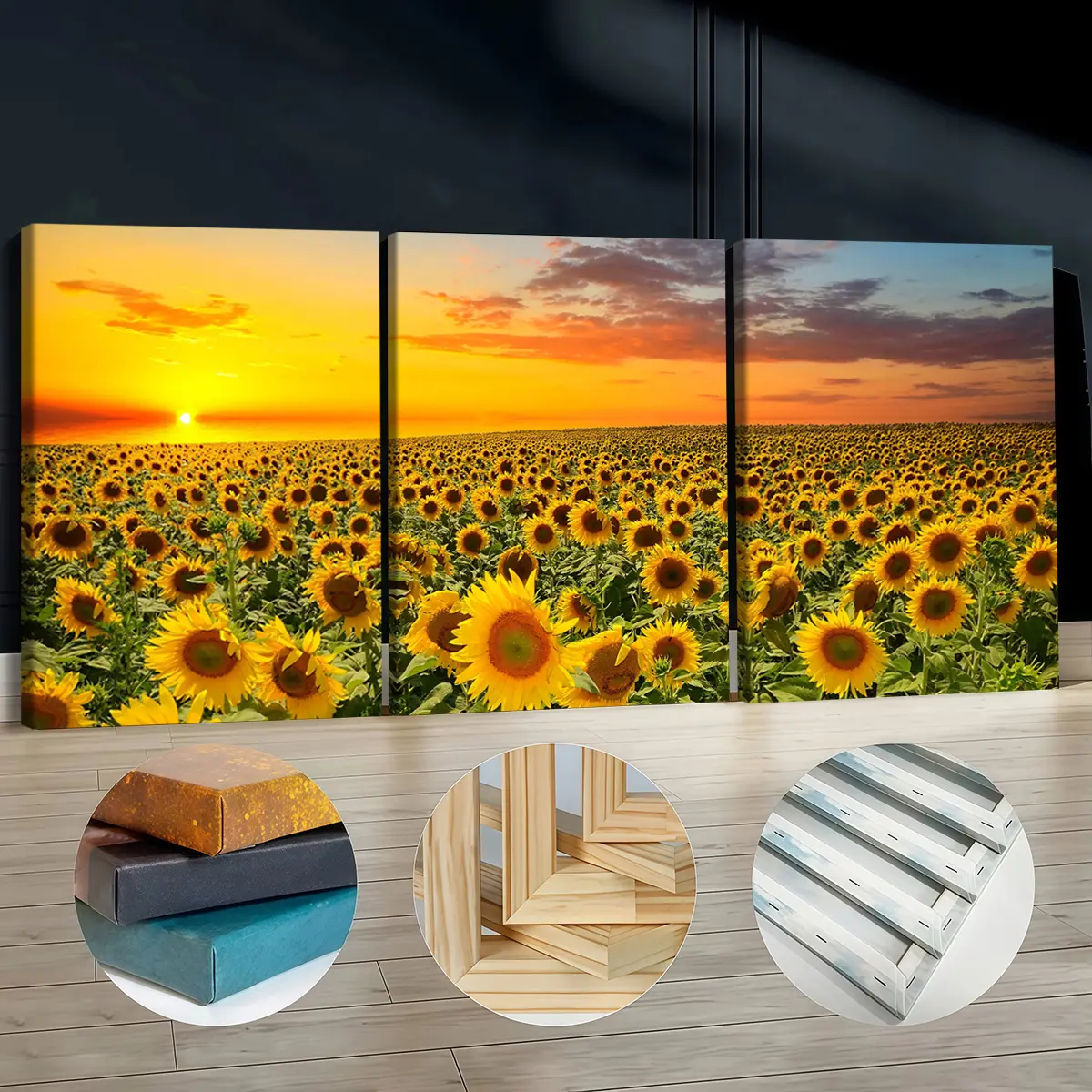 3Pcs Wooden-Framed Canvas Paintings, Artistic Colorful Style Sunflower Wall Landscape Prints, Odourless Wall Decor Home Supplies for Living Room