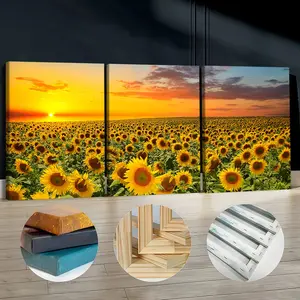 3Pcs Wooden Framed Canvas Painting, Sunset Sunflower Field Landscape Images, Exquisite Poster, Home Decoration, Pattern Wall Art Decor, For Living Room, Bedroom, Office, Restaurant, Bar Wall Decor, Odorless, Painting, Print Artwork.
