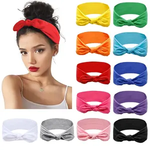 12 Pack Bow Headbands for Women - Stretchy Turban Head Wraps with Rabbit Ears Design - Fashionable Christmas & Sport Hair Accessories in Various Colors