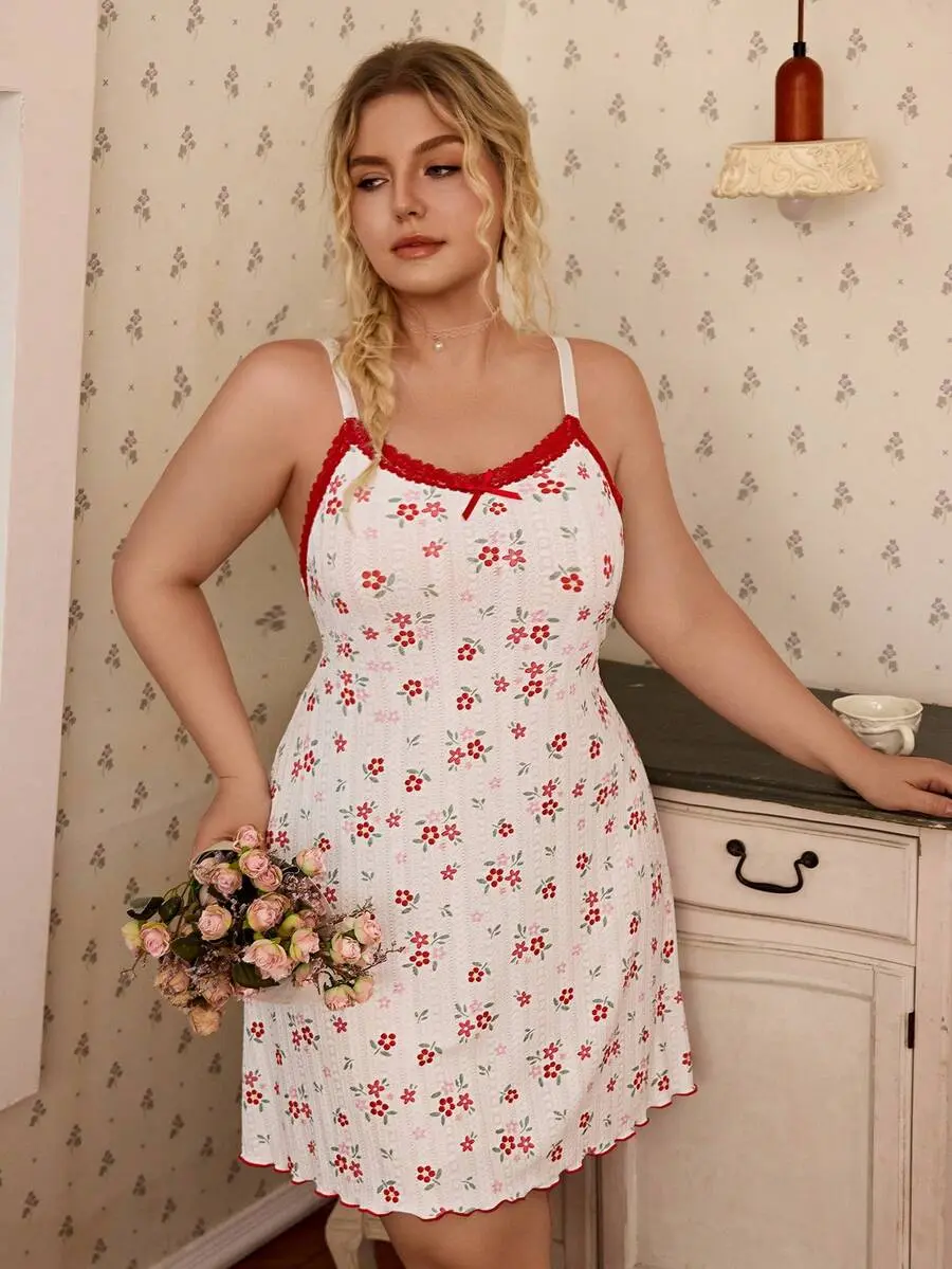 Velia x CottageSlumber Red Ditsy Floral Contrast Lace Bow Decor V-Back Plus Size Women's Cami Nightgown