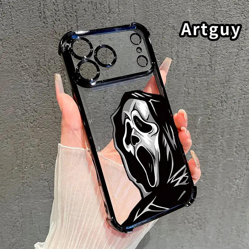 Protective Durable Ghostly Scream Pattern Transparent Electroplated 4-Corner Drop-Proof Cellphone Case Cover, Horror-Themed Gift Casing for iPhone Series (Pro Max Line, 16 Air, 15 Plus, 14, 13, 12, 11, SE)