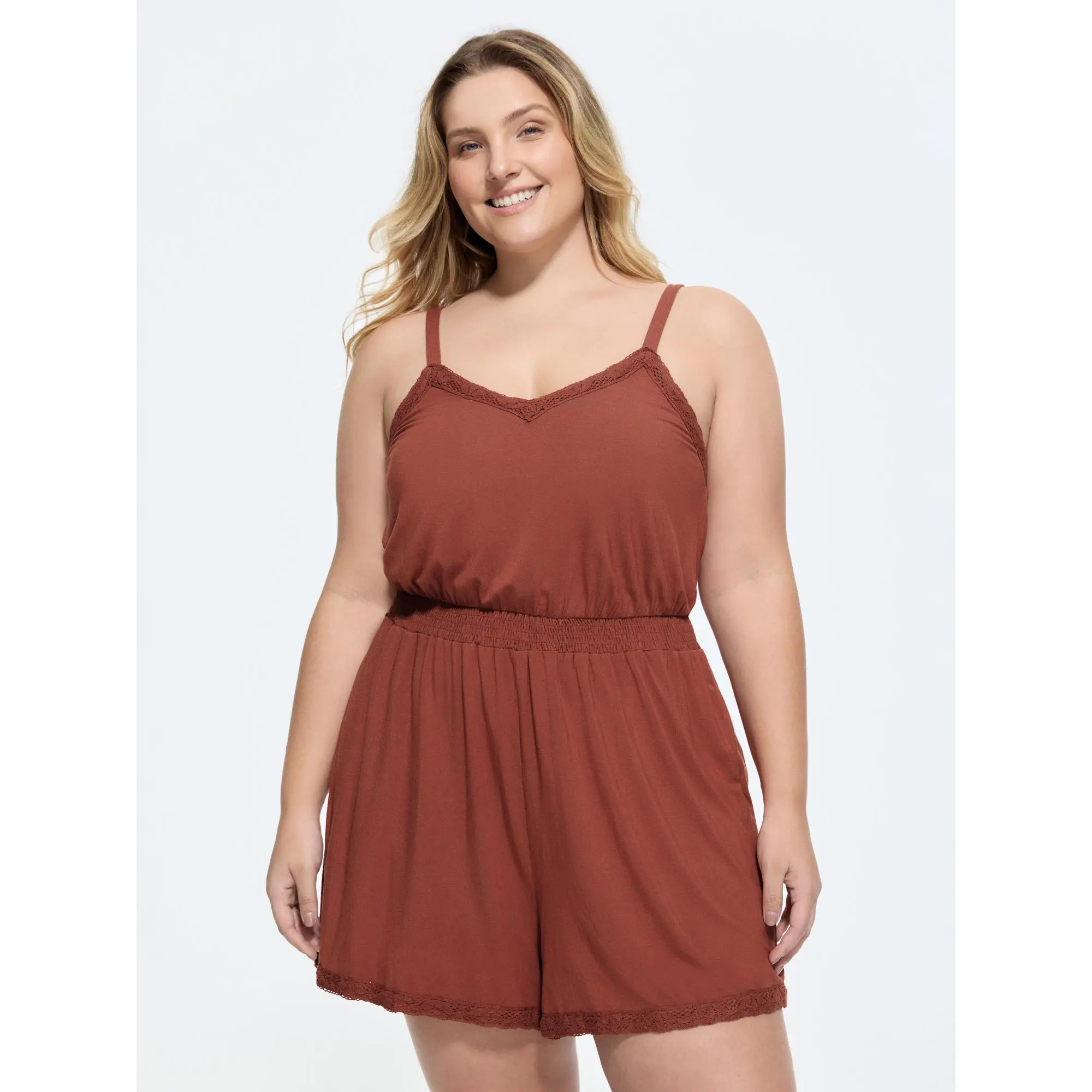 BloomChic Plus Size Casual Lounge Romper in Supersoft Rayon Spandex Fabric,Solid Sleeveless Design with a Smocked Waist and Lace Trim Fit Pocket,Summerfinds, Garment, Rompers For Women, Rayon Blend, Short Length, Gentle Wash, Cold Wash, Do Not Tumble Dry,